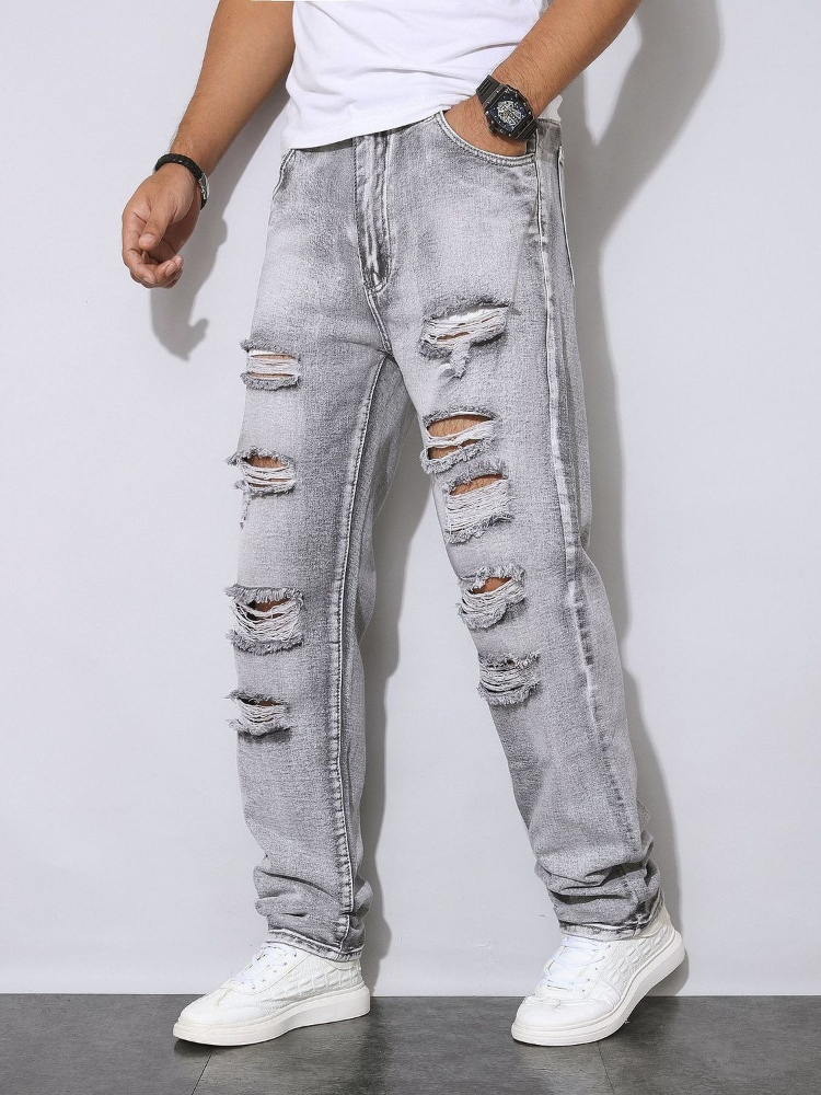 Men'S Fashion Grey Jeans - Męskie szare dżinsy z efektem zniszczenia